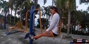 Asian teen gf works out in an outdoor gym and sucks at home