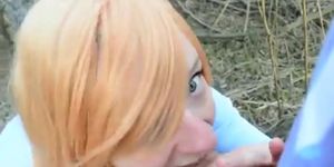 Redhead Blowjob and facial in woods