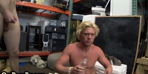 Blond gay pawn 3some assfucked in office of the store