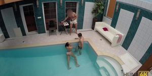 HUNT4K. Brunette picked up and nicely fucked in private poolside