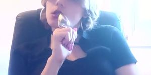 Shemale jerk her little dick and  eats his own cum