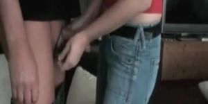 Kinky husband strokes to her hot ass in tight jeans and spews his cum