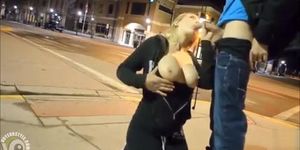 Blowjob on a street corner from his hot gf