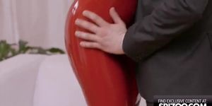Girl In Red Latex Dress Rides Her Man'S Stiff Cock