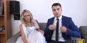 Bride in white dress takes debt collector's cock