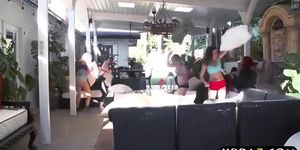 Group of busty pornstars rides huge dick after work out