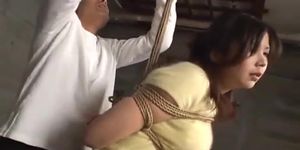 Oriental woman with big pert boobs tied up with rope and teased
