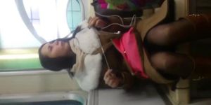 flashing and cumshot for sexy teen girl in stockings at subway car