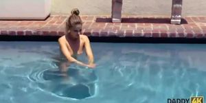 Minx copulates with mature guy after fun in the pool