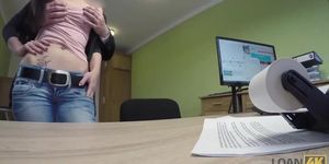 Loan officer fucks brunette's shaved pussy on the table