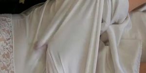 White nylon slip wank  cum