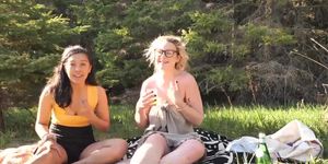 Hannah and Janice - lesbian - amateur - blonde - brunette - interview - dildo - masturbation - outdoors - POV - outdoors - sciss