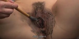 Asian bitch getting her wet pussy painted on