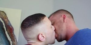 Shaved stud seduced and breeded by hunky DILF from behind