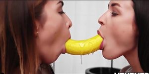 Cucumber and Banana in creamy pussy of two girls