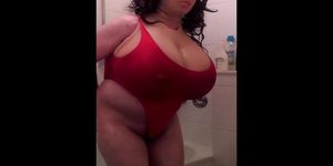 Huge Fake Tits In Red Wet Leotard