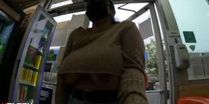Whore walk in public whit hanging big boobs