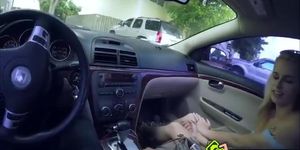 Tattooed sexy blonde Lilli Dixon boob flashing in public and gives blowjob in the car