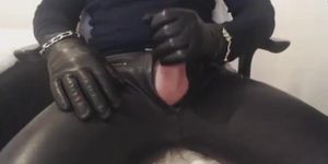 Skintight leather pants and gloves masturbation