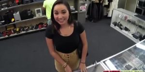 Brunette busty College girl Fucked inside the pawn shop office while she is selling her Collection