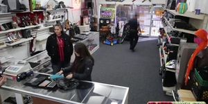 Brunette Bitch Fucked inside the pawn shop office while she is selling her Collection