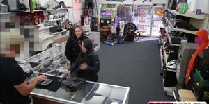 Two lesbians stealing items from the shop gets caught and gets fucked