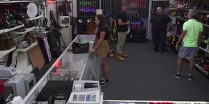 Super hot natural busty college girls flashes her boobs at a pawn shop for money