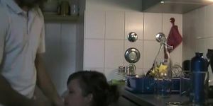 Fledgling brown-haired quickie on kitchen