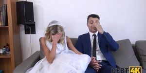 Married blonde pay off the debt by having cuckold sex