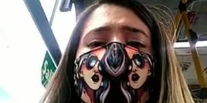 Teeny with medical mask flashes nude body in the bus