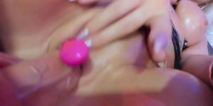 tanned busty beauty dildo orgasm