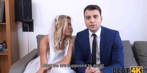 DEBT4k. Curly blonde is enjoying sex while cuckold groom is watching