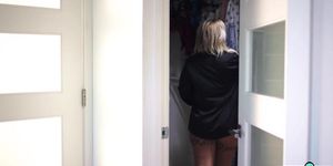 Curvy blonde housewife Kali Roses fucked by big cocked over in the wardrobe