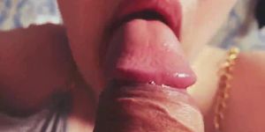 slobbery blowjob close-up with cum in mouth