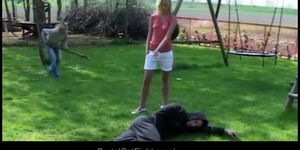 Hysterical blondes tear apart each other in a crazy fight to screw a cock