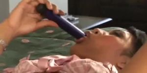 Asian Chick In Pink Lingerie Dildos Her Cunt