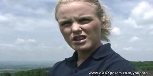 British blonde outdoors flashes panties