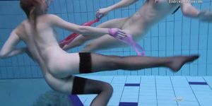 Andrejka and Aneta swim naked in the swimming pool