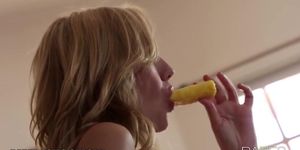 Solo model Brett Rossi masturbates with her kitchen faucet