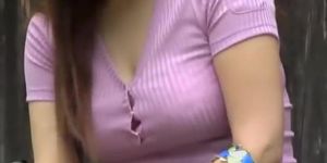 Busty Asian hottie got top sharked while sitting on a bench