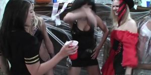 Group of girlfriends start an orgy at a Halloween party