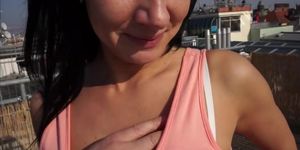 Horny Czech brunette is paid to show off her body on rooftop (Sally Walker)