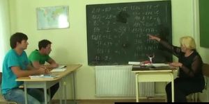 Nasty old teacher is nailed by two young students