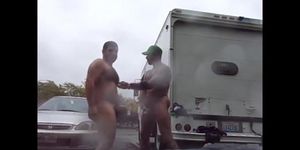 Guys Very Public Rainy Stroking in parking lot