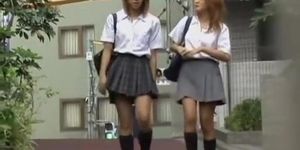 Double Shuri sharking video of two brown-haired Japanese schoolgirls