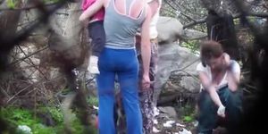 Amateur women go pee in a public spot