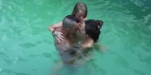 Weekend party: Pool threesome for three horny friends