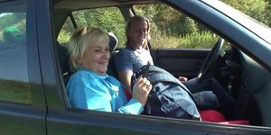 GRANNYBET - Hitchhiking 80 yo blonde granny riding his dick
