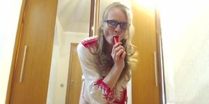 Hot stepmother with glasses strips and masturbates