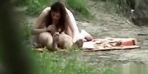 Voyeur blowjob and dick ride outdoors